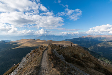 The rural road path and scenery on the top of Seceda in Dolomites, South Tyrol, Italy
