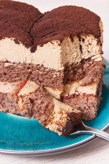 Tiramisu cake with different layers. Delicious dessert for celebrations