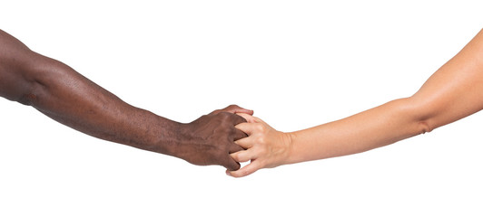 Caucasian woman holding the hand of an African-American man