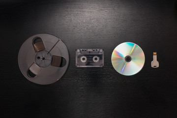 Old professional audio tape, cassette, CD and flash drive