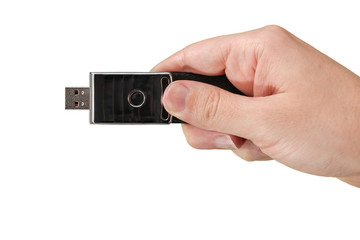 Black memory stick on hand with white background