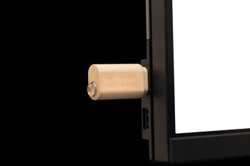 Wooden USB memory stick connecting to the screen