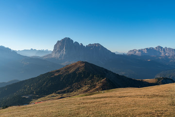 Sunrise landscapes in Seceda with clear blue sky in Dolomites, South Tyrol, Italy
