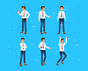 isometric set of man as business man on white shirt and red tie with different gesture and activity illustration vector