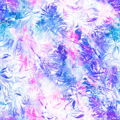 Seamless vintage pattern, blue flowers,Plant in watercolor. Mimosa, acacia and other plants on a branch. Blossoming blue acacia or caragana tree. Fashionable background. Abstract splash of paint. 