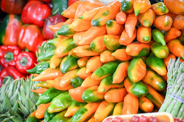 Colored chili peppers in Peruvian market.