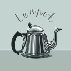 metal teapot with black  handle, vector clip art on gray isolated background with inscription