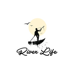 tourism logo standing man on canoe in the rustic river vector. nature life illustration design template