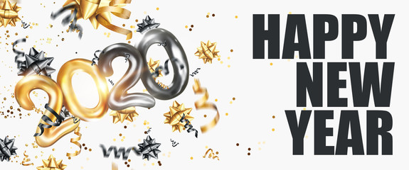 Happy new year 2020 flyer logo on a white background. Black-gold design. Brochure design template, card, banner. 3D illustration, 3D Render