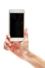 woman hand hold and touch screen smartphone