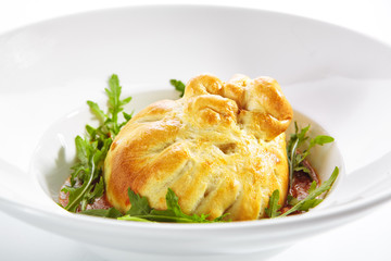 Baked Burrata Cheese with Tomato Sauce and Fresh Arugula Leaves