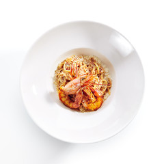 Classic Linguine Pasta with Grated Parmesan Cheese and Fried Shrimps