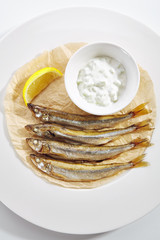 Fried Rainbow Smelt Fish with Tartar Sauce Isolated