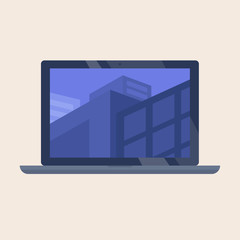 A mockup of a flat vector laptop with an architectural cityscape image on a wallpaper