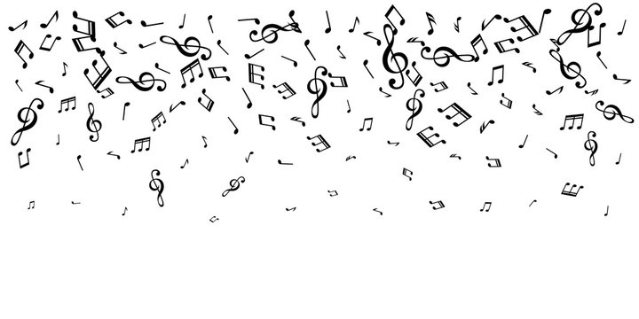 Music notes confetti top border. Vector decoration from falling elements.