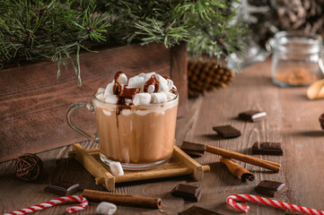 Glass cup of hot chocolate with marshmallows and chocolate