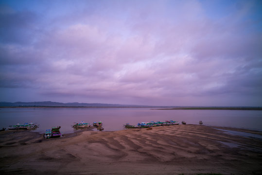 boats mored on the Ayeyarwady River, Bagan