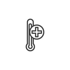 Plus temperature control line icon. linear style sign for mobile concept and web design. Heating temperature thermometer outline vector icon. Symbol, logo illustration. Vector graphics