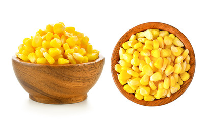 sweet corn seeds in wood bowl on white background