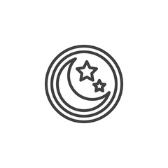 Sleep mode button line icon. linear style sign for mobile concept and web design. Moon and stars circle button outline vector icon. Symbol, logo illustration. Vector graphics