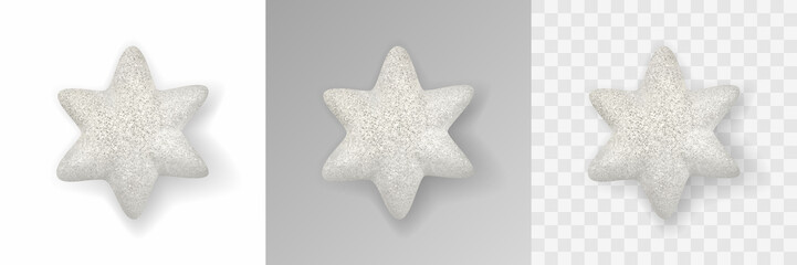 Christmas decoration. White glitter star with realistic shadow. Presentation on various backgrounds. Holiday christmas design element for poster, greeting cards, headers, website. Realistic 3d vector