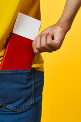 businessman holding a credit card with flag