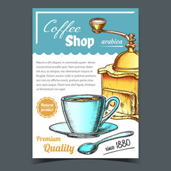 Old Manual Coffee Grinder And Cup Poster Vector. Retro Tool For Grinding Coffee Beans, Mug With Natural Product And Spoon. Antique Machine For Make Arabica Hot Drink Concept Template Illustration