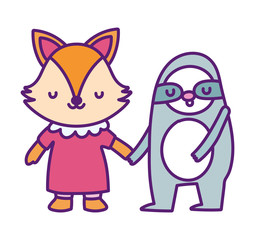 baby shower cute little fox with dress and sloth holding hands cartoon