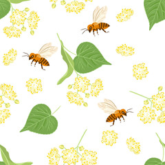 Linden flowers, green leaves and bees seamless pattern on a white background. Vector spring illustration of blooming tilia in cartoon flat style.