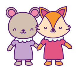 baby shower female bear and fox with dress holding hands