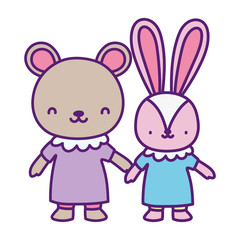 baby shower female bear and rabbit with dress holding hands