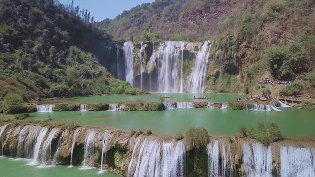 Aerial view drone flight above Jiulong waterfall in Luoping, Yunnan, China