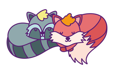 baby shower cute sleeping fox and raccoon cartoon