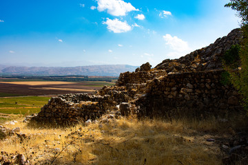 Fototapeta na wymiar Bekaa valley Lebanon landscape with stone wall and farm house remains