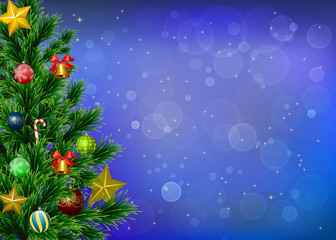 Fototapeta na wymiar Christmas and happy New Year garland and border of realistic looking Christmas tree branches decorated with Berries, stars and Gingerbread cookies, beads. Vector illustration.