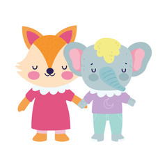 baby shower cute little fox with dress and elephant cartoon