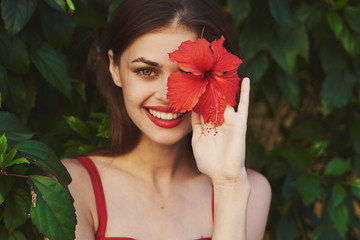 beautiful woman green leaves luxury of nature