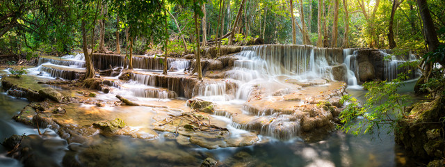 Panoramic view of level 6 of Huay Mae Kamin waterfall, Srinakarin Dam National Park in Kanchanaburi, Thailand.