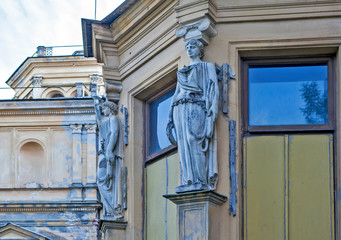 Caryatids are elements of the decoration of the palace of Grand Duke Mikhail Nikolaevich. Manor Mikhailovka. Peterhof. St. Petersburg. Russia