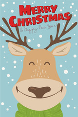 Naklejka premium Merry Christmas and Happy New Year cute illustration. Happy Rudolph reindeer wishes Merry Christmas on snowy background. Vector