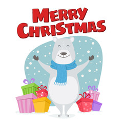 Obraz na płótnie Canvas Merry Christmas cute illustration. Happy Polar Bear with gifts wishes Merry Christmas. Vector