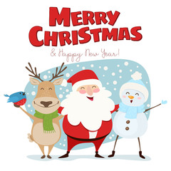 Fototapeta na wymiar Merry Christmas cute illustration. Happy Santa Claus, Rudolph reindeer, Snowman wish Merry Christmas. Vector