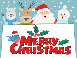 Merry Christmas cute illustration. Happy Santa Claus, Rudolph reindeer, Polar Bear, Snowman wish Merry Christmas. Vector