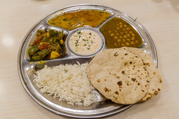 Platter of thali, typical meal in India