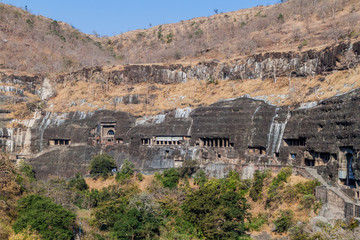 View of Ajanta, Buddhist caves carved into a cliff, Maharasthra state, India