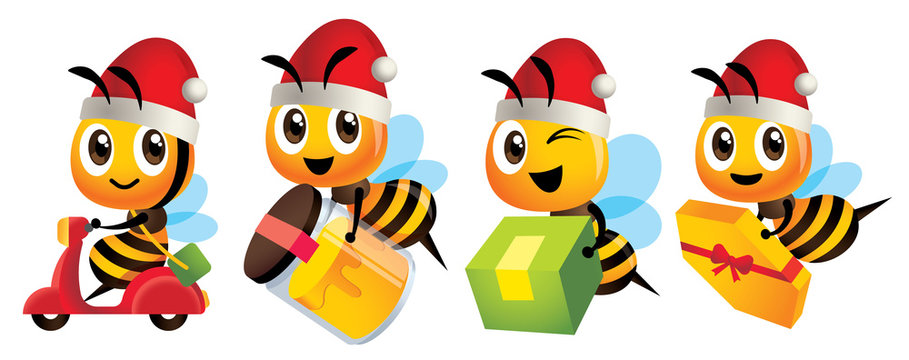 Merry Christmas! Cartoon cute bee mascot wearing Christmas hat. Cartoon cute bee deliver product set. Cute bee ride scooter, cute bee carry organic honey bottle - Vector character Christmas set
