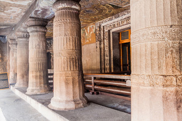 Buddhist cave 2 carved into a cliff in Ajanta, Maharasthra state, India