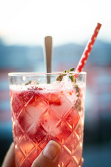 Homemade fresh strawberry juice in crystal glass