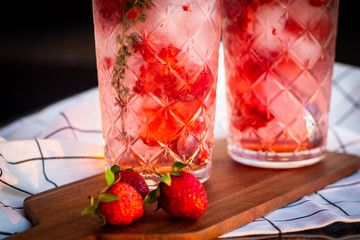 Homemade fresh strawberry juice in crystal glass