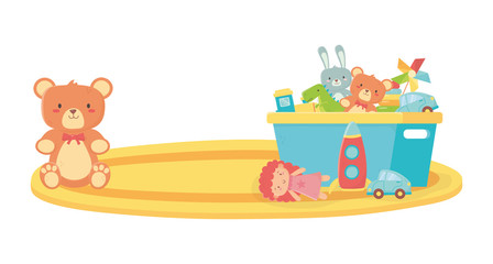 kids zone, teddy bear and bucket with many toys on carpet